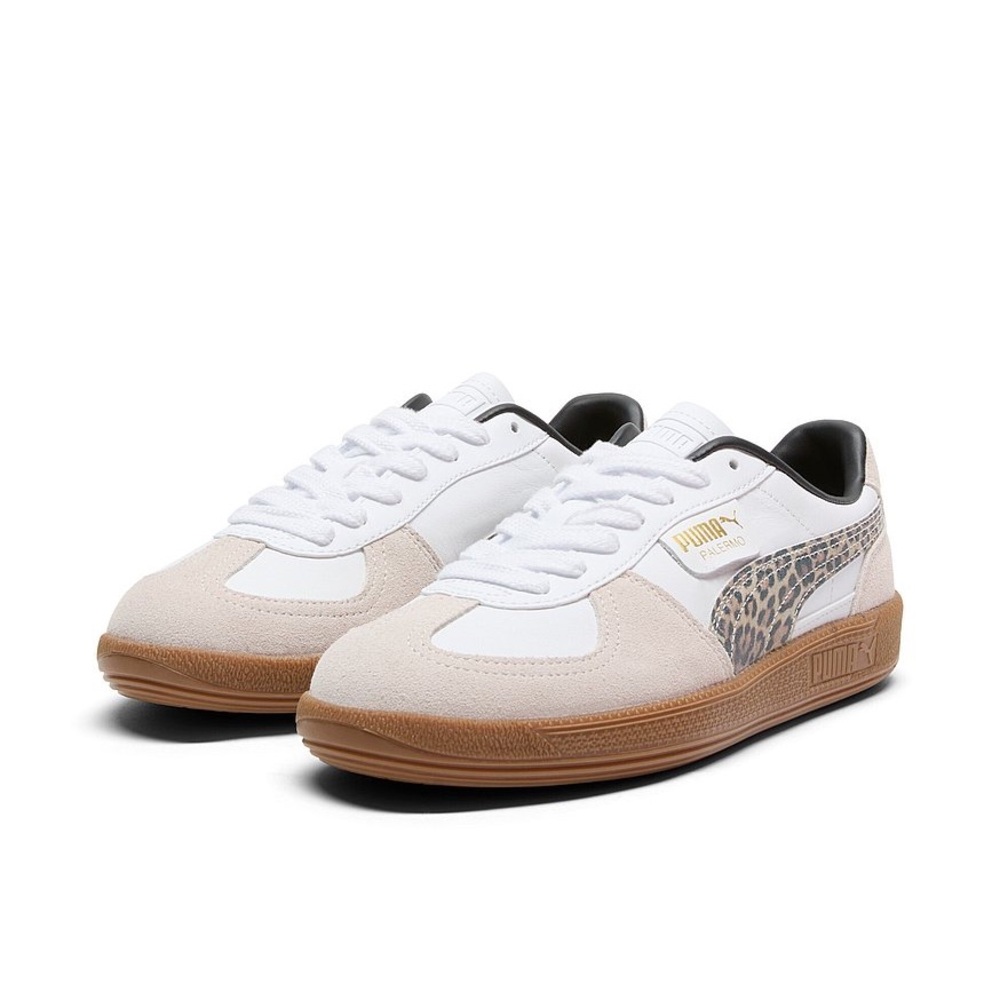 Puma White and Tan Retro Sneakers with Gum Sole